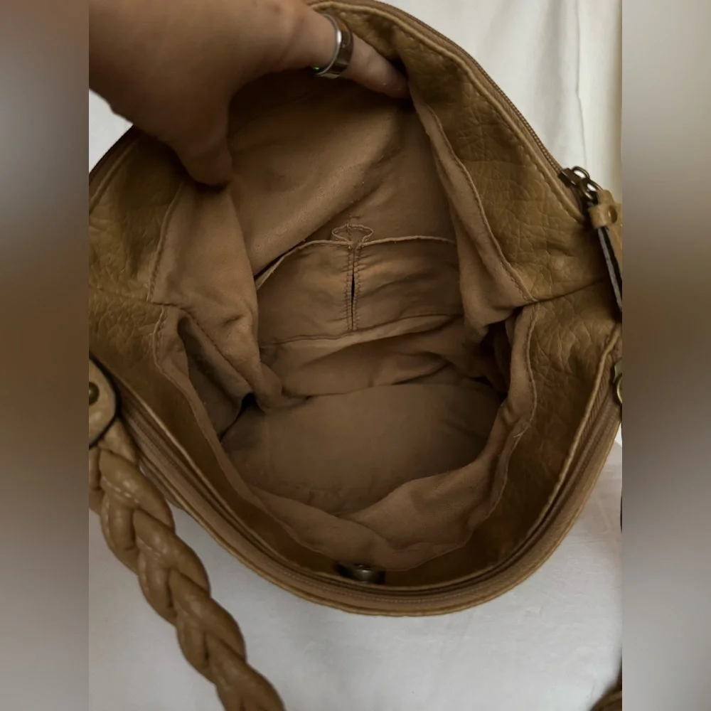 Strada Tan Beige Leather Braided Handle Boho Hobo Purse